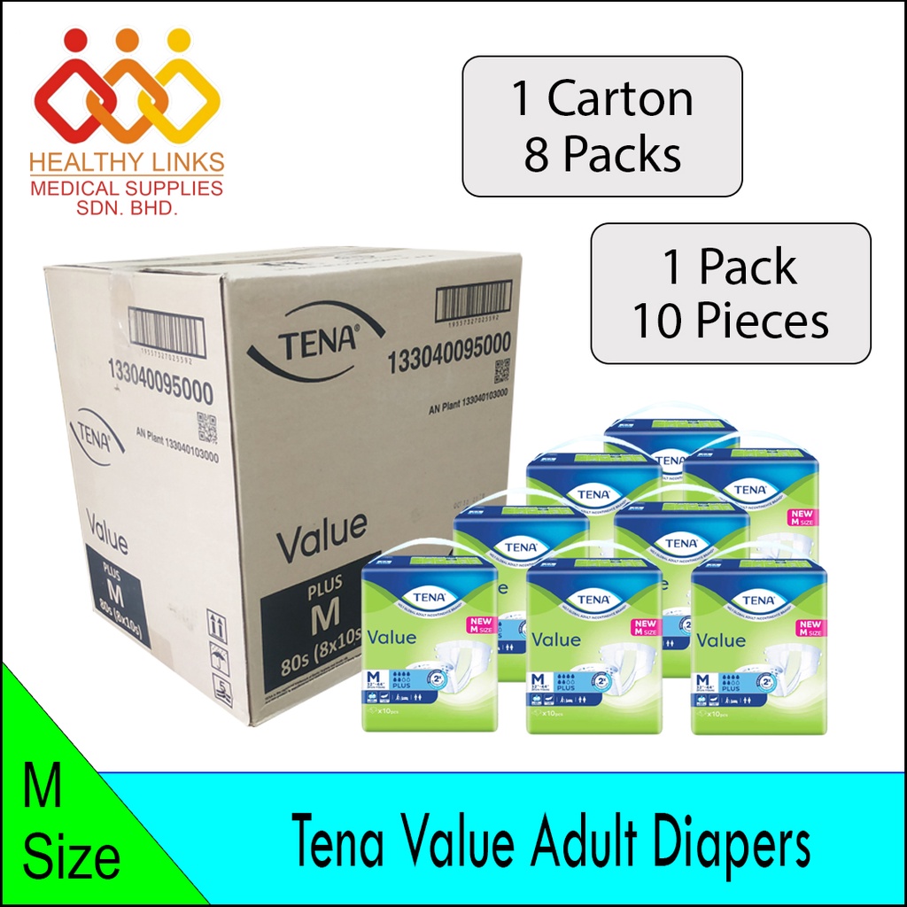 Tena Value Adult Diapers 1 Carton 8 Packs Size M 10x8 L 8x8