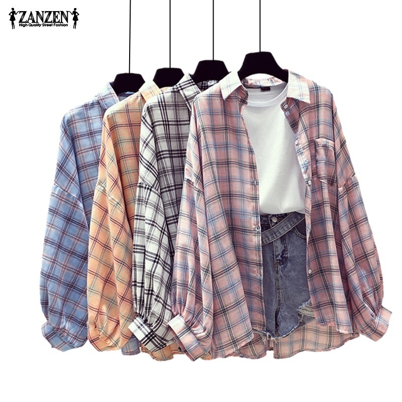 ZANZEN Korean Women Plaid Blouse Long Sleeve Loose Retro Shirt Kemeja