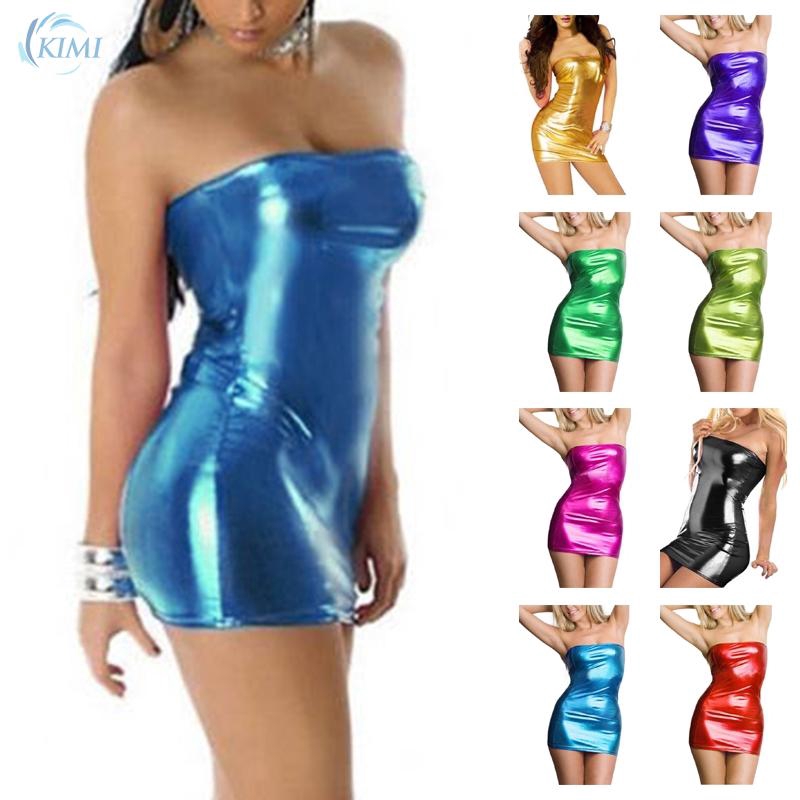 Women Strapless Tube Mini Bodycon Dress PVC Leather Wetlook Night