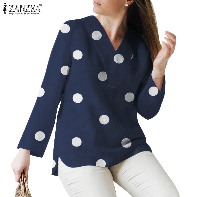 Zanzea Women European Daily V Neck Hem Slit Polka Dots Printed Full