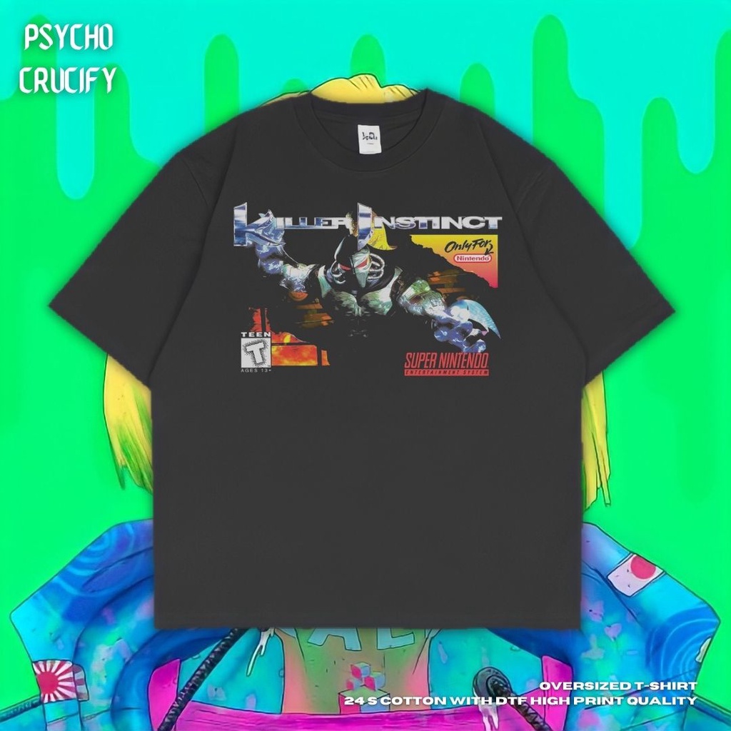 Psycho Crucify Killer Instinct Oversized T Shirt Black Dark Gray