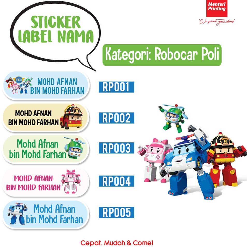 READY STOCK STICKER LABEL NAMA SEKOLAH ROBOCAR POLI SN08 100PCS