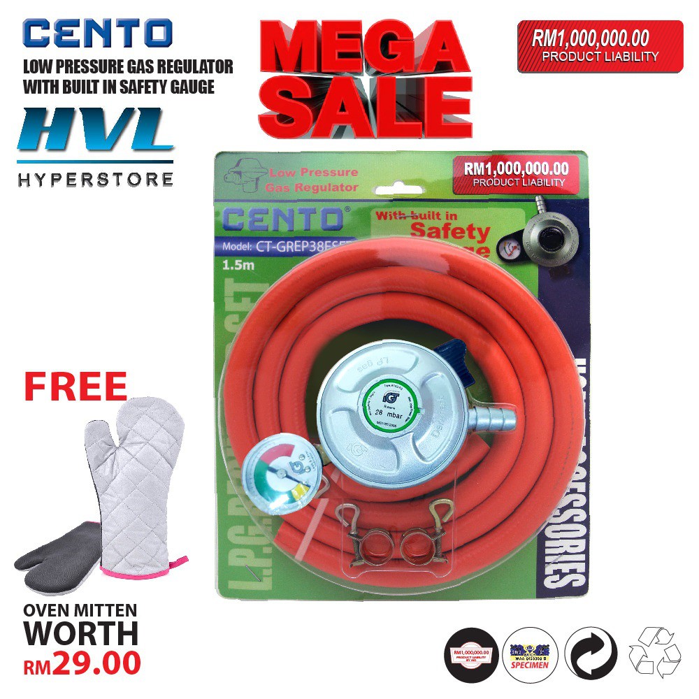 CENTO GAS REGULATOR Pressure Gauage Low 1 5 Meter Fire Redundant Hose