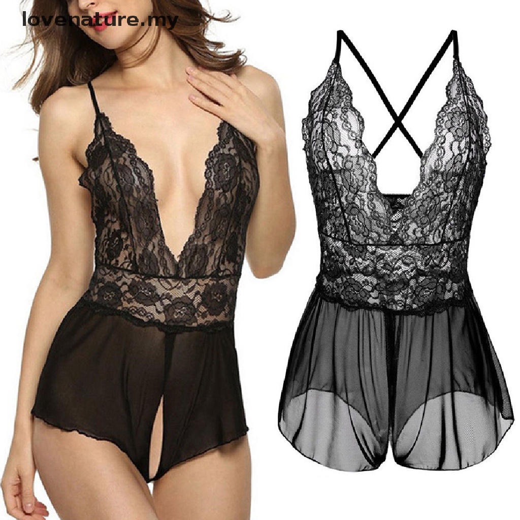 Lovenature Women Sexy Lingerie Deep V Lace Dress Open Crotch