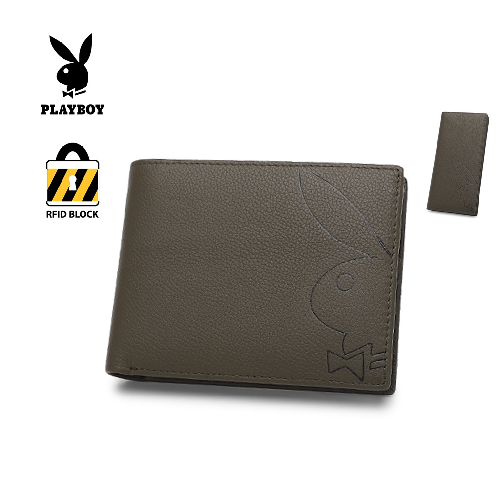 PLAYBOY Genuine Leather RFID Men Long Wallet Bi Fold Men Wallet Khaki