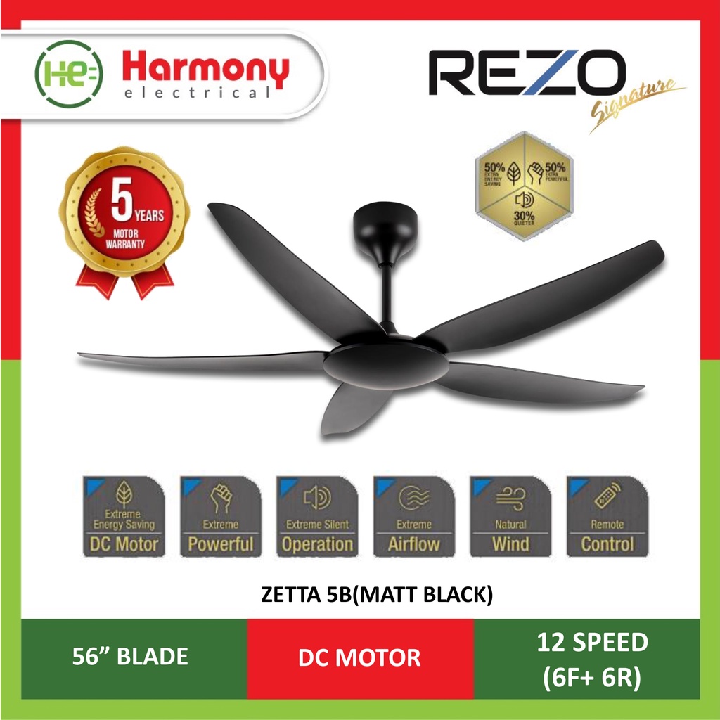 REZO ZETTA 56 5B DC Motor Ceiling Fan With Remote Matt Black White