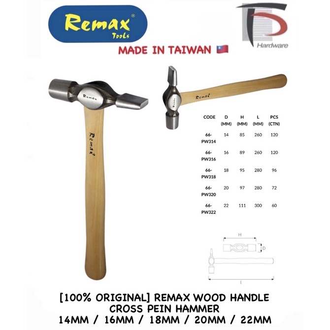 100 ORIGINAL REMAX WOOD HANDLE CROSS PEIN HAMMER Shopee Malaysia