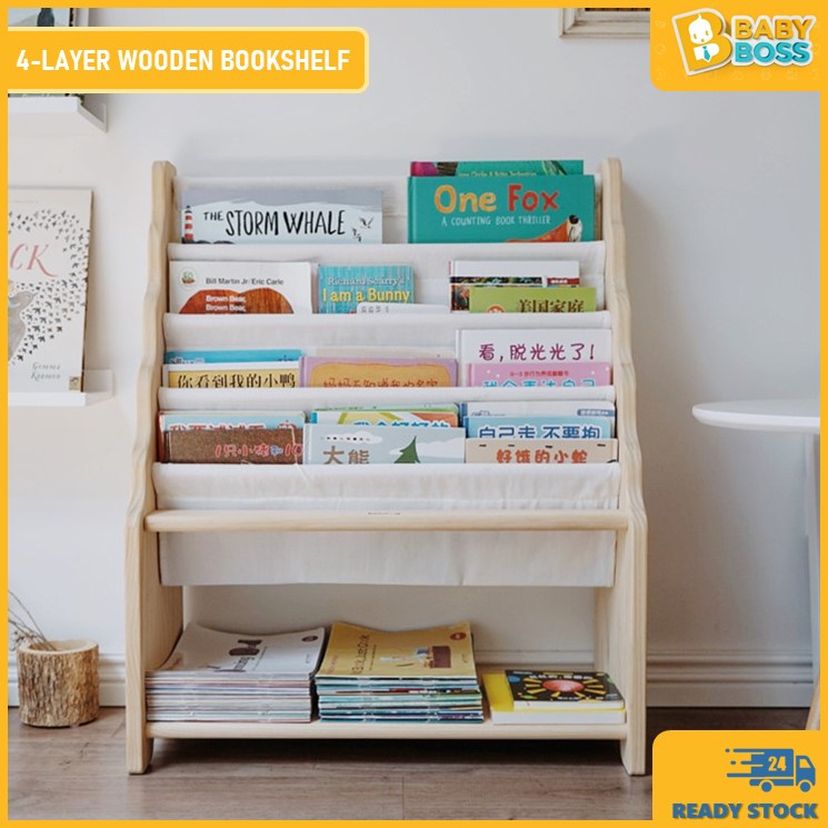 Babyboss Wooden Book Rack Shelf Bookshelf With Canvas And Storage Space