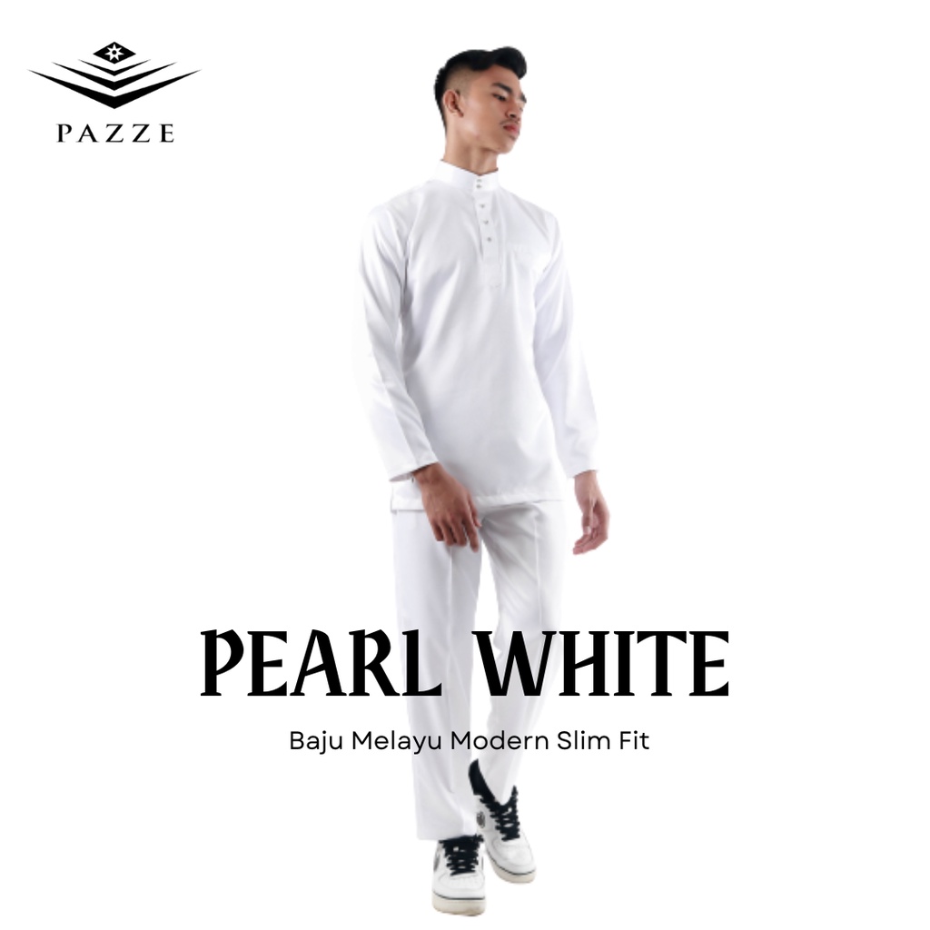 Pazze Baju Melayu Modern Slim Fit Nikah Pearl White Baby Blue Salmon