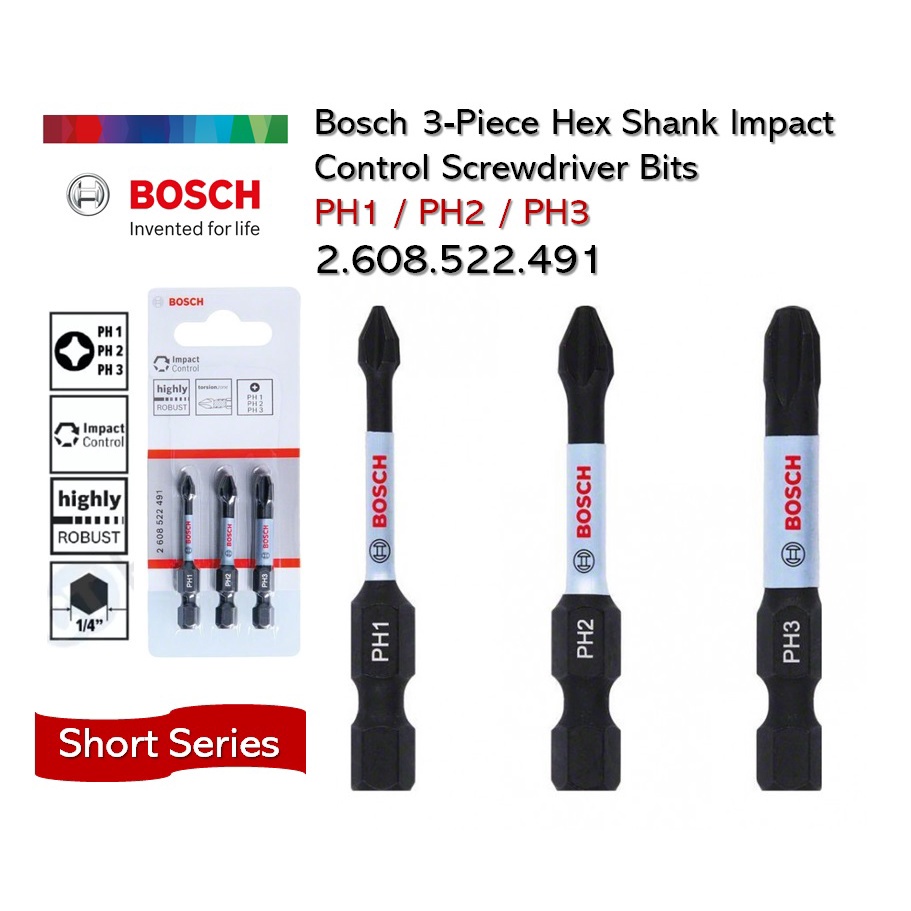 Bosch 3 Piece PH1 PH2 PH3 Short Series Hex Shank Impact Control