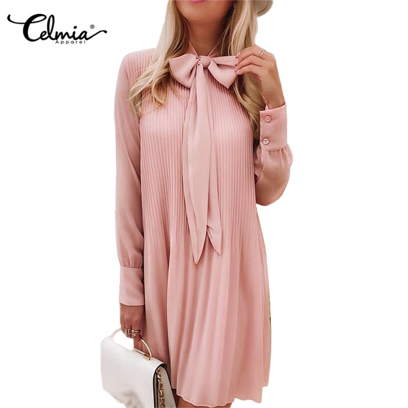 CELMIA Women With Tie Elegant Pleated Long Sleeve Mini Dress Plus Size