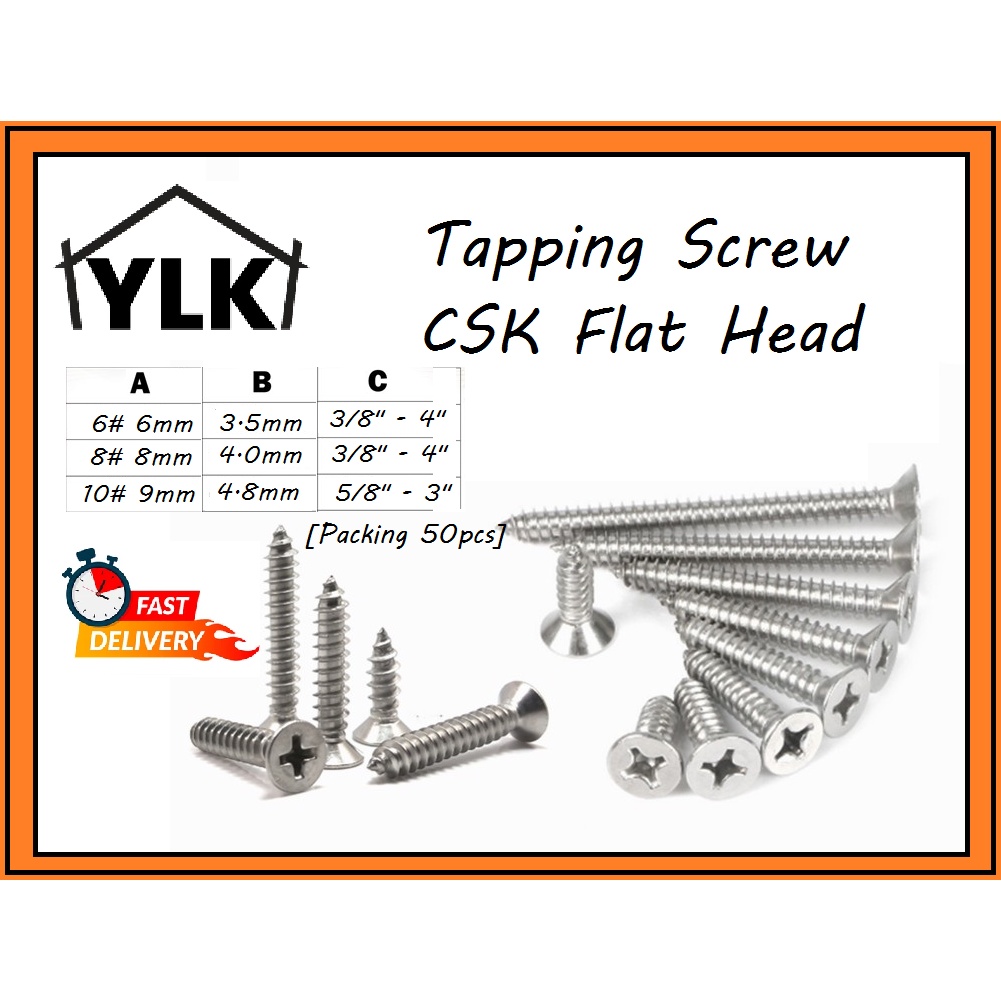 YLK50Pcs 25PcsSELF TAPPING SCREW CSK FLAT HEAD TAJAM SKRU KEPALA