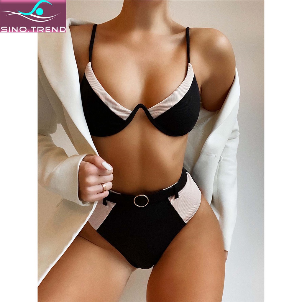 SINO TREND Swimming Suit Woman Splicing V Bra High Waist Bikini Female