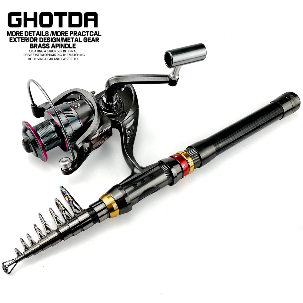 Ghotda Fishing Rod Combo Spinning Reel Carbon Telescopic Fishing Set