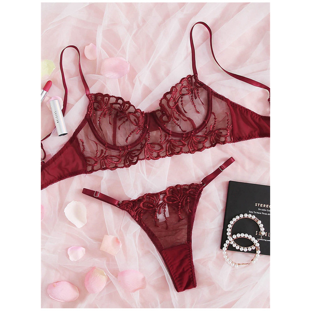 High End Sexy Lingerie Set Embroidery T Shaped Panties Two Piece Set