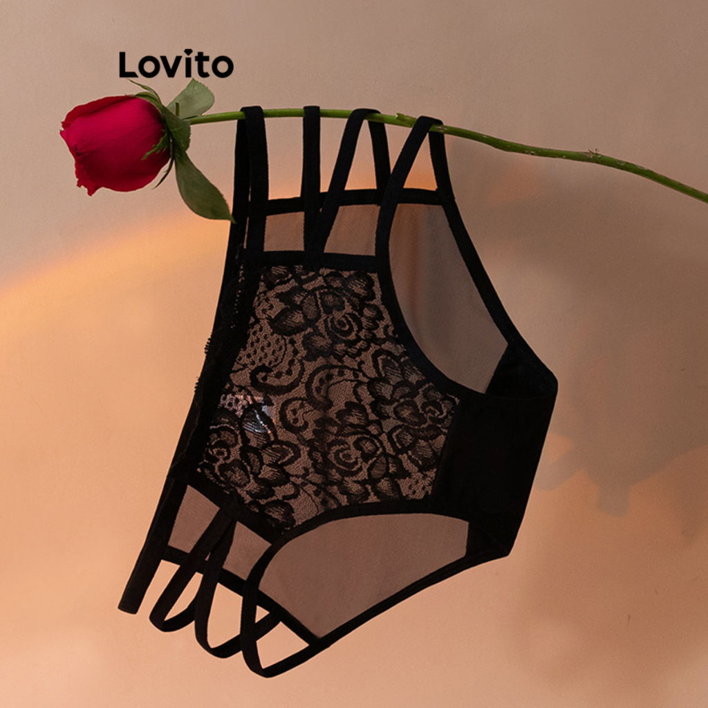 Lovito Casual Plain Lace Panties For Women Lna Cross Belt Mesh