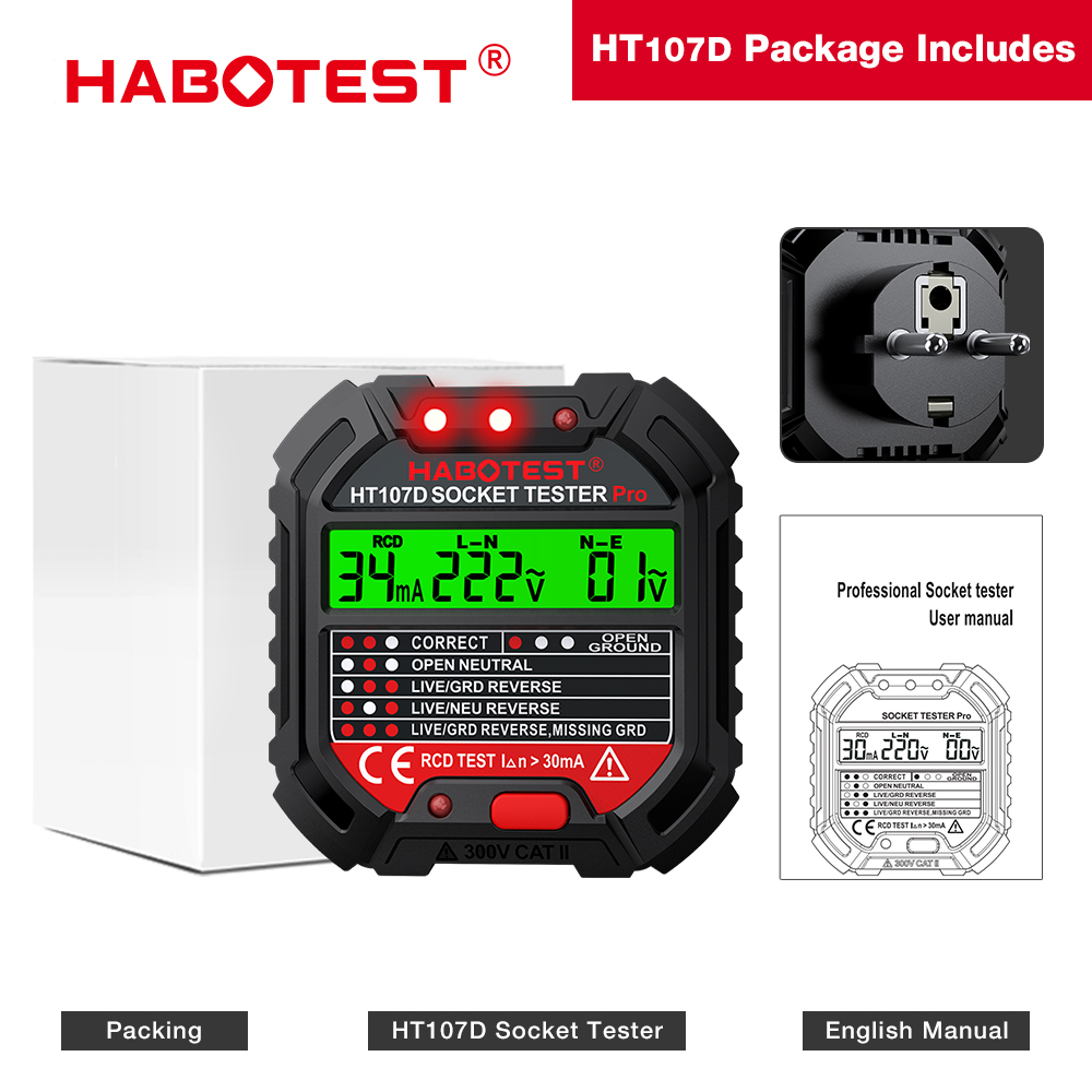 HABOTEST HT107 GFCI Socket Tester Electric Leakage Finder With Voltage