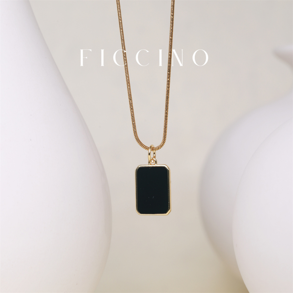 Ficcino K Gold Plated Black Rectangle Pendant Necklace Titanium Steel