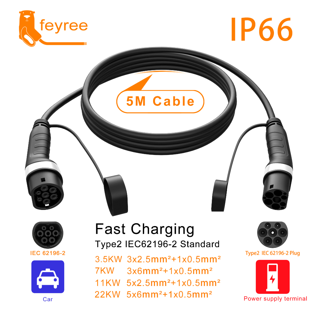 Feyree Type2 Female To Male Plug EV Charging Cable 32A 8KW Electric Car