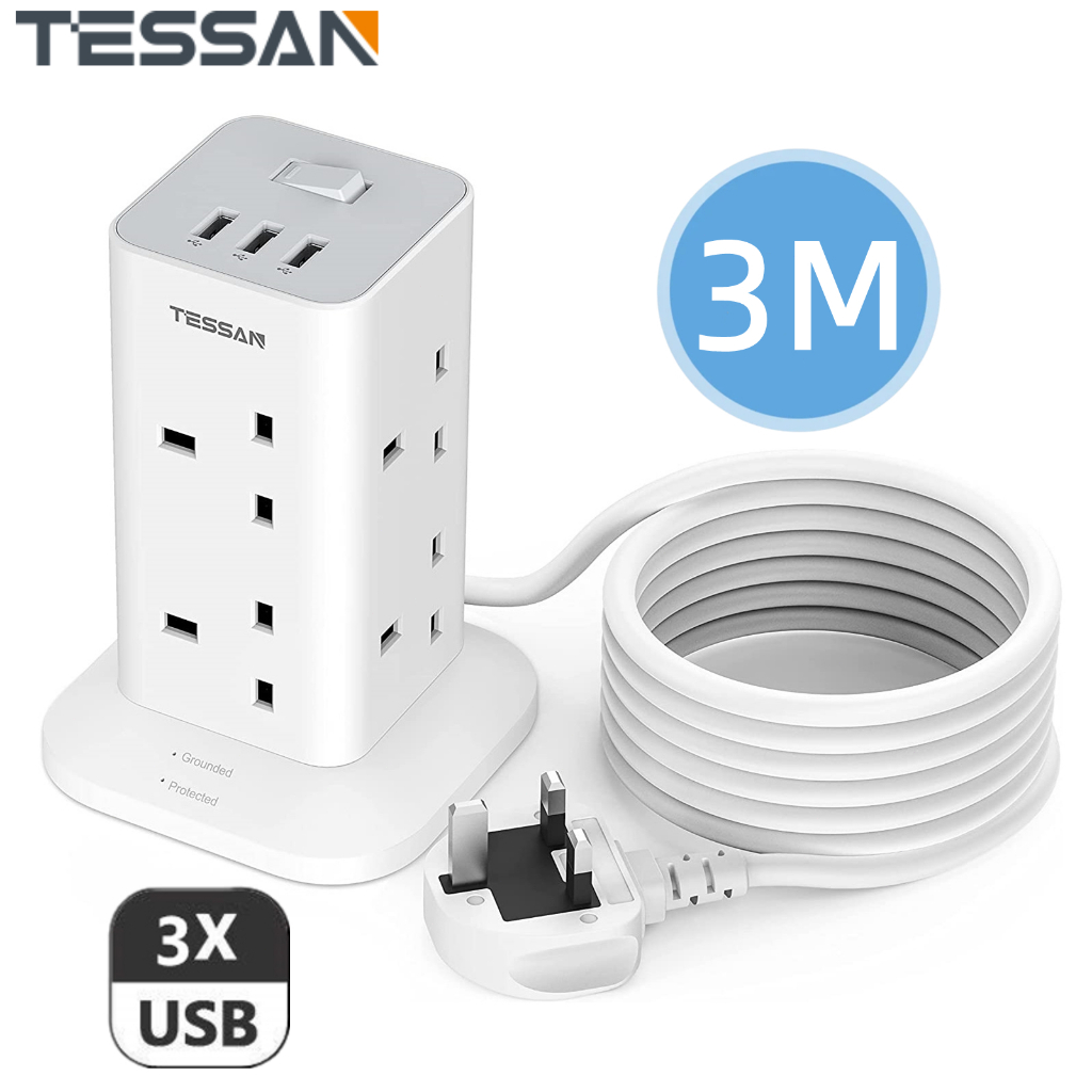 Tower Extension Lead With USB C Slots TESSAN 8 Way Multi Plug