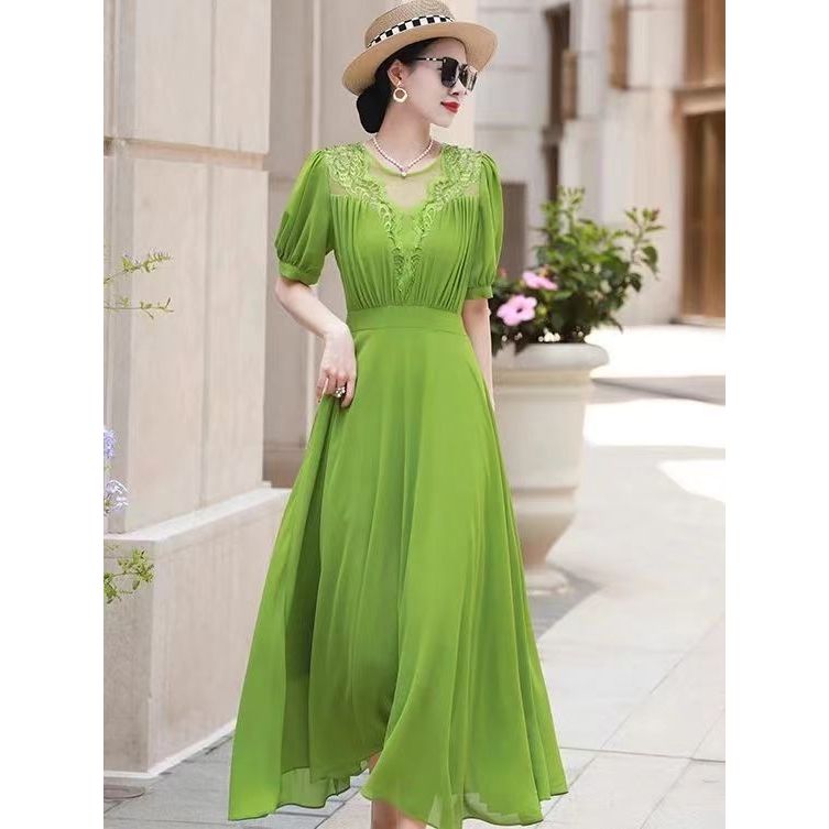 Elegant French Chiffon Dress Summer Short Sleeve High Waist Long Dress