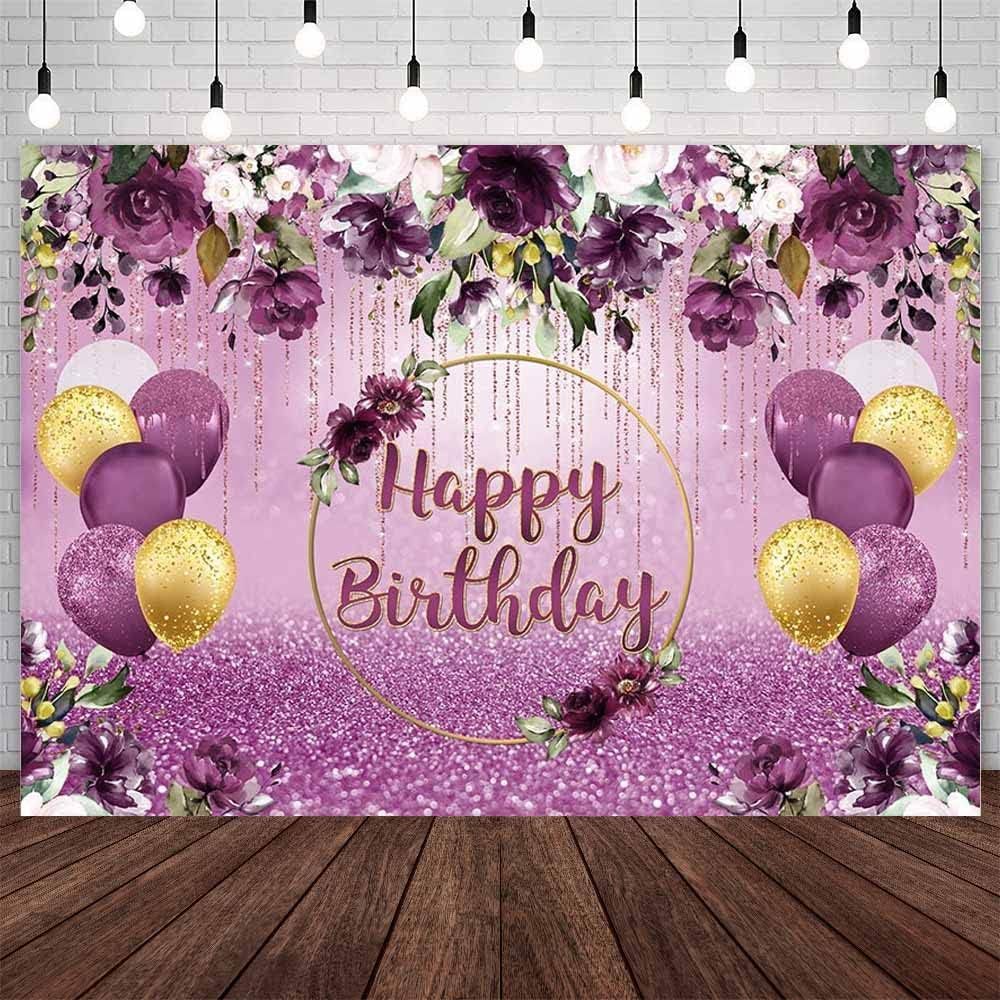 Purple Gold Floral Happy Birthday Photography Backdrop For Women Pink