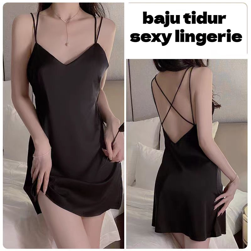 Baju Tidur Sexy Lingerie Black Camisole Pajamas Backless Cross Strap