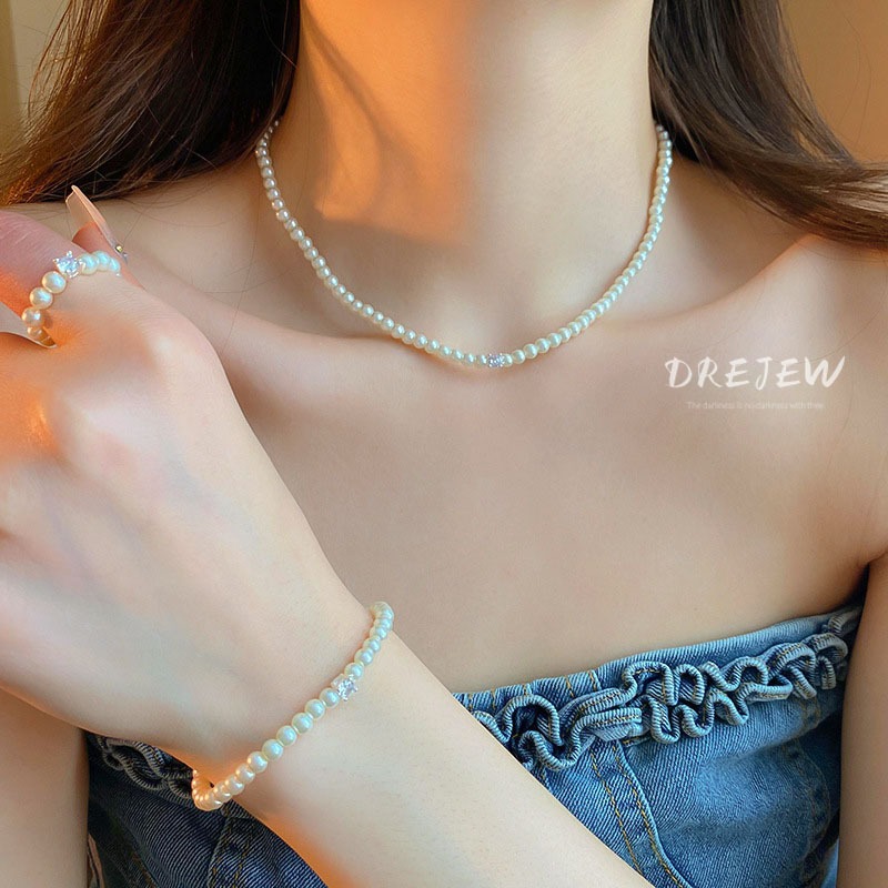 Drejew Zircon Geometric Pearl Necklace Bracelet Ring Set Simple Design