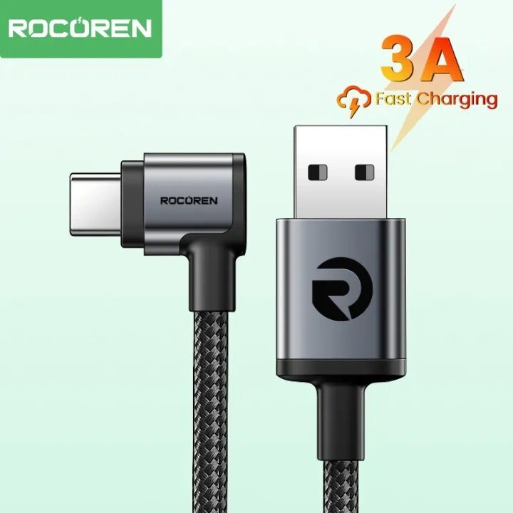 Rocoren USB To Type C Cable 3A 90 Degree Elbow Fast Charging Gaming