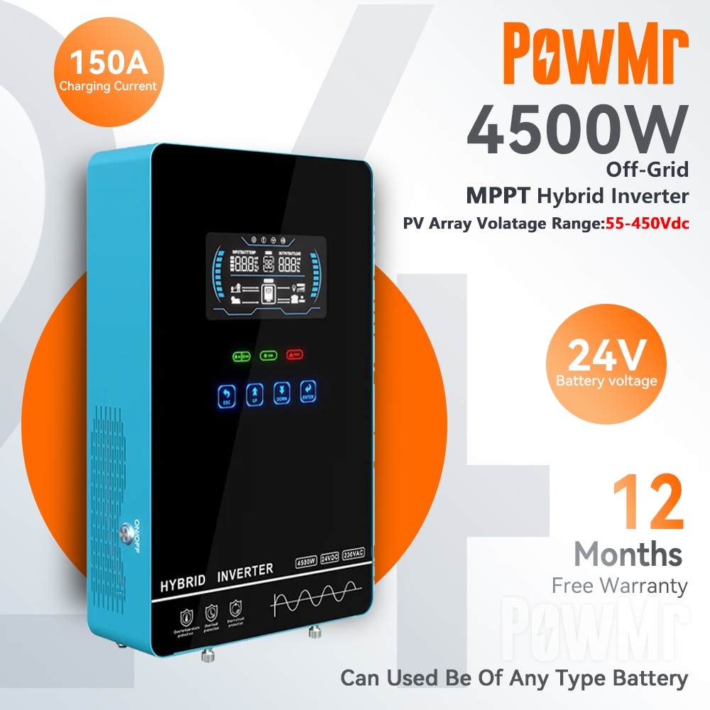 PowMr MPPT 4500W Pure Sine Wave Solar Hybrid Inverter 24V Built In 150A