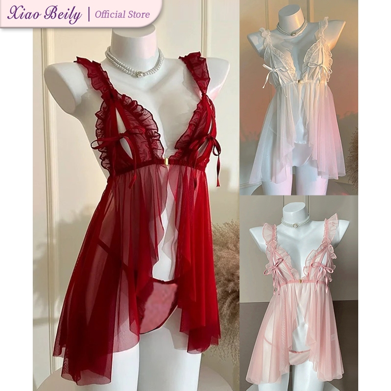 XiaoBeily Front Buttons Sexy Lingerie Lace Dress Nightdress Nightwear