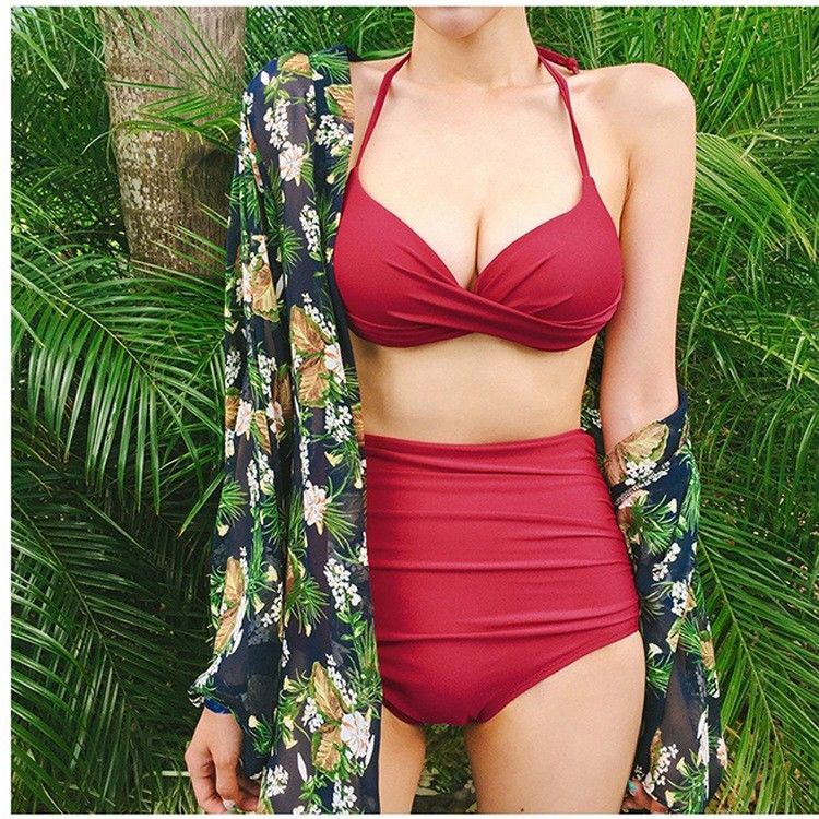 Chest Gathered Push Up Bikini Set Sexy High Waist Swimsuit Women 2