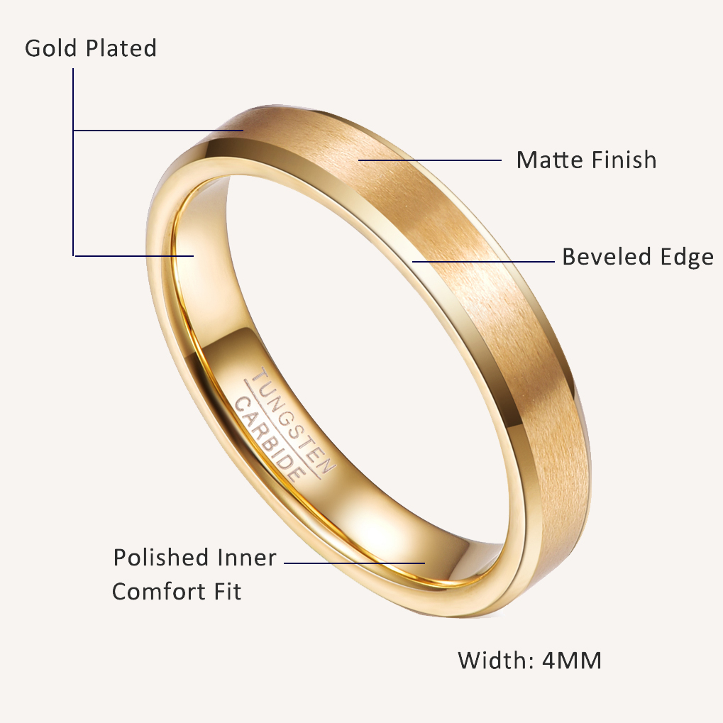 Support EngravingBONLAVIE 4mm Matte 18K Gold Plated Tungsten Carbide