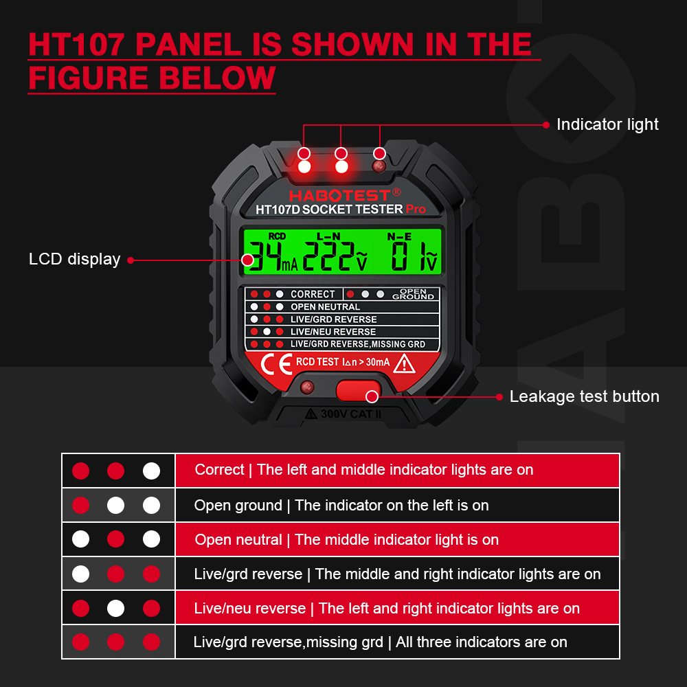 HABOTEST HT107 GFCI Socket Tester Electric Leakage Finder With Voltage