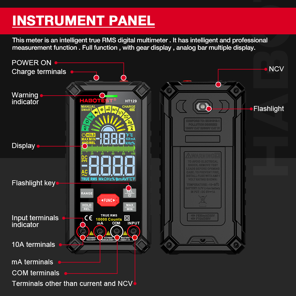 HABOTEST HT129 10000 Counts Digital Multimeter Smart Anti Burn DC AC