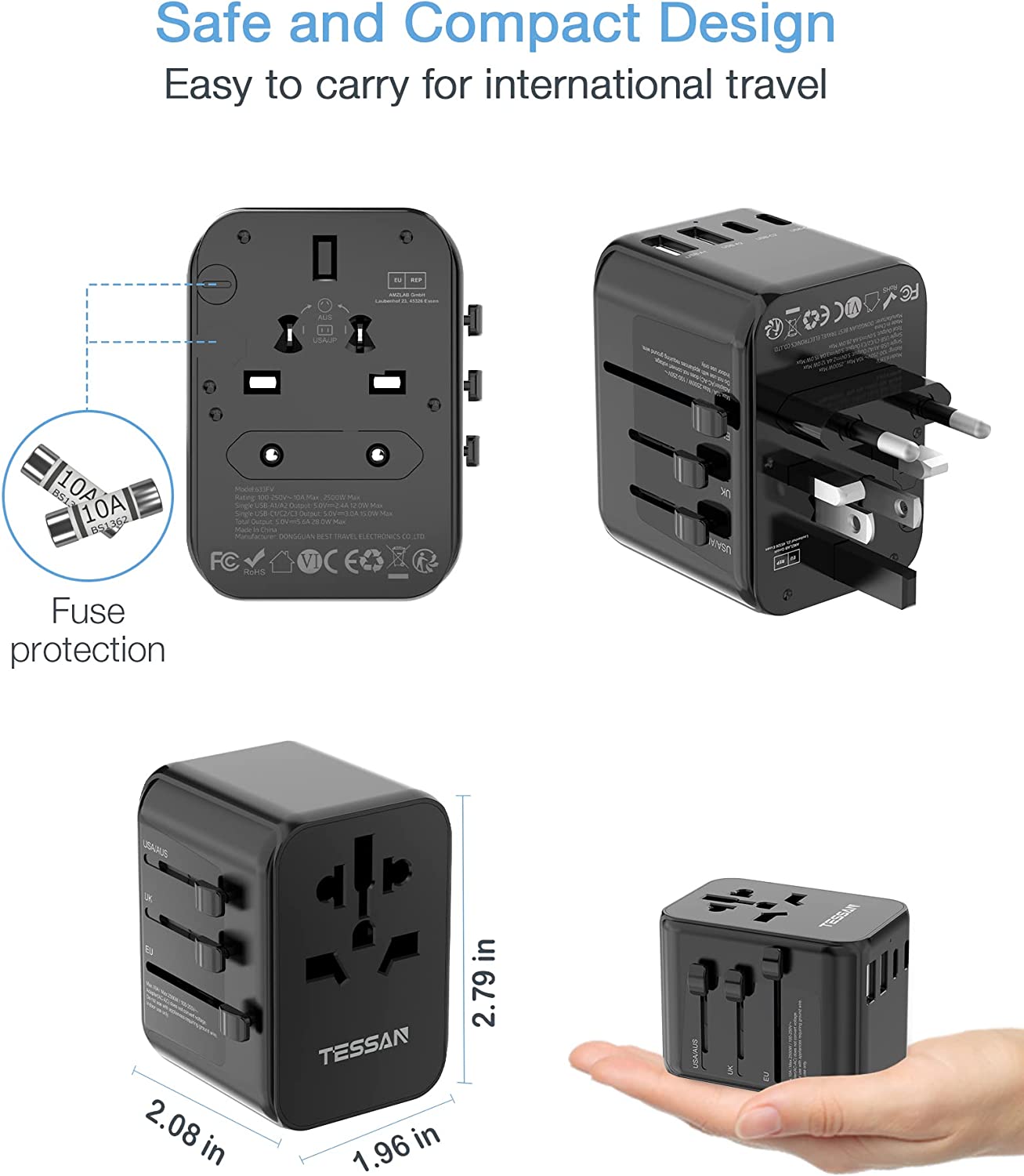 TESSAN Universal Travel Adapter With USB Type C International Plug