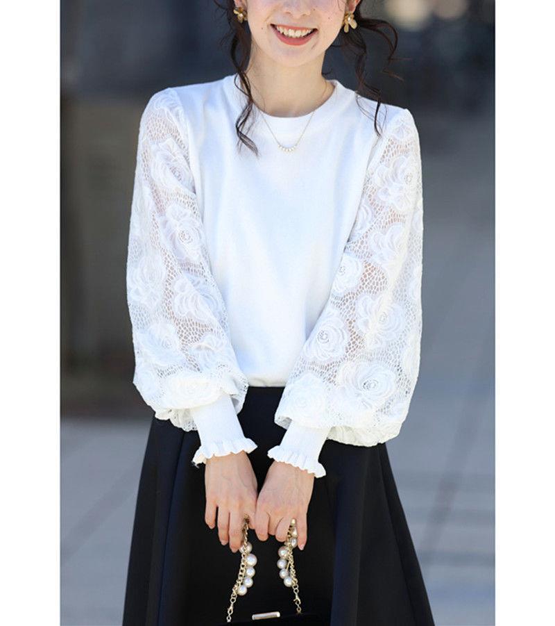 Kg Temperament Lace Stitching Lantern Sleeve Round Neck Pullover