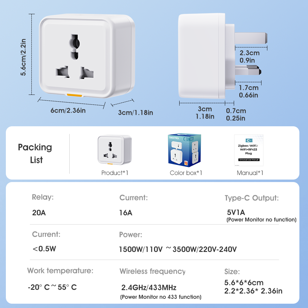 SMATRUL 16 20A RF433 Wifi Smart Plug Tuya WiFi Socket Adaptor Outlet