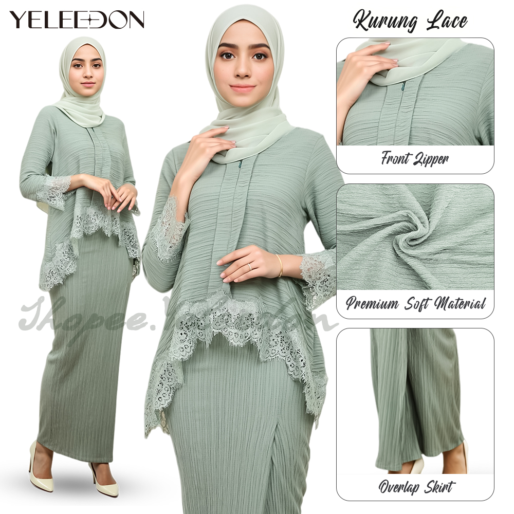 Yeleedon Kebaya Lace Ironless Baju RAYA 2024 Plain Pleated KEBAYA BAJU