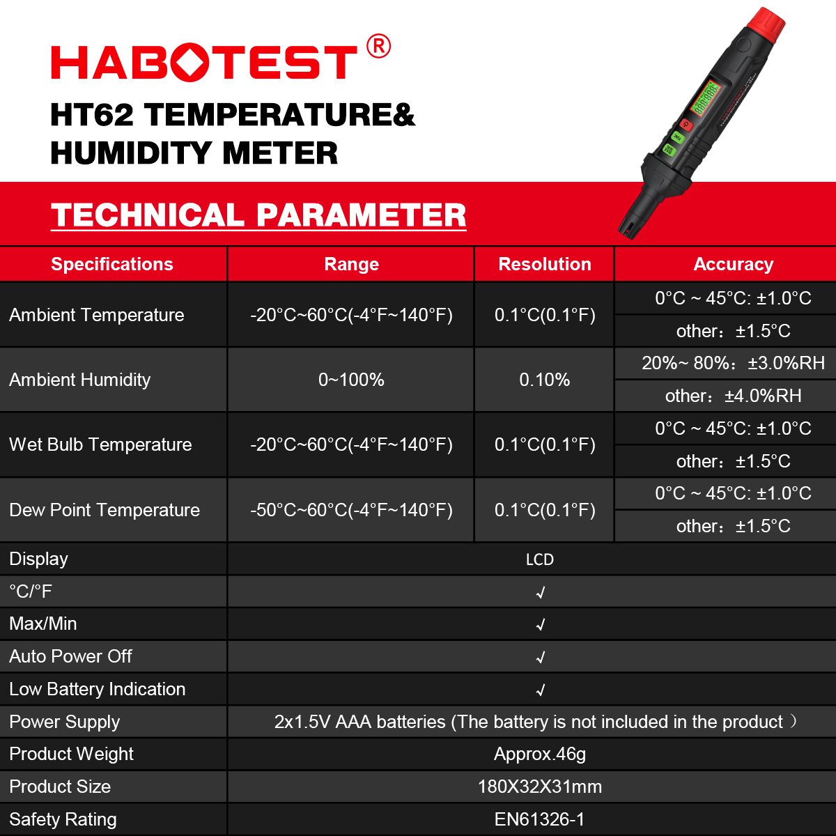 HABOTEST HT62 Temperature Humidity Meter 4 In 1 Digital Psychrometer