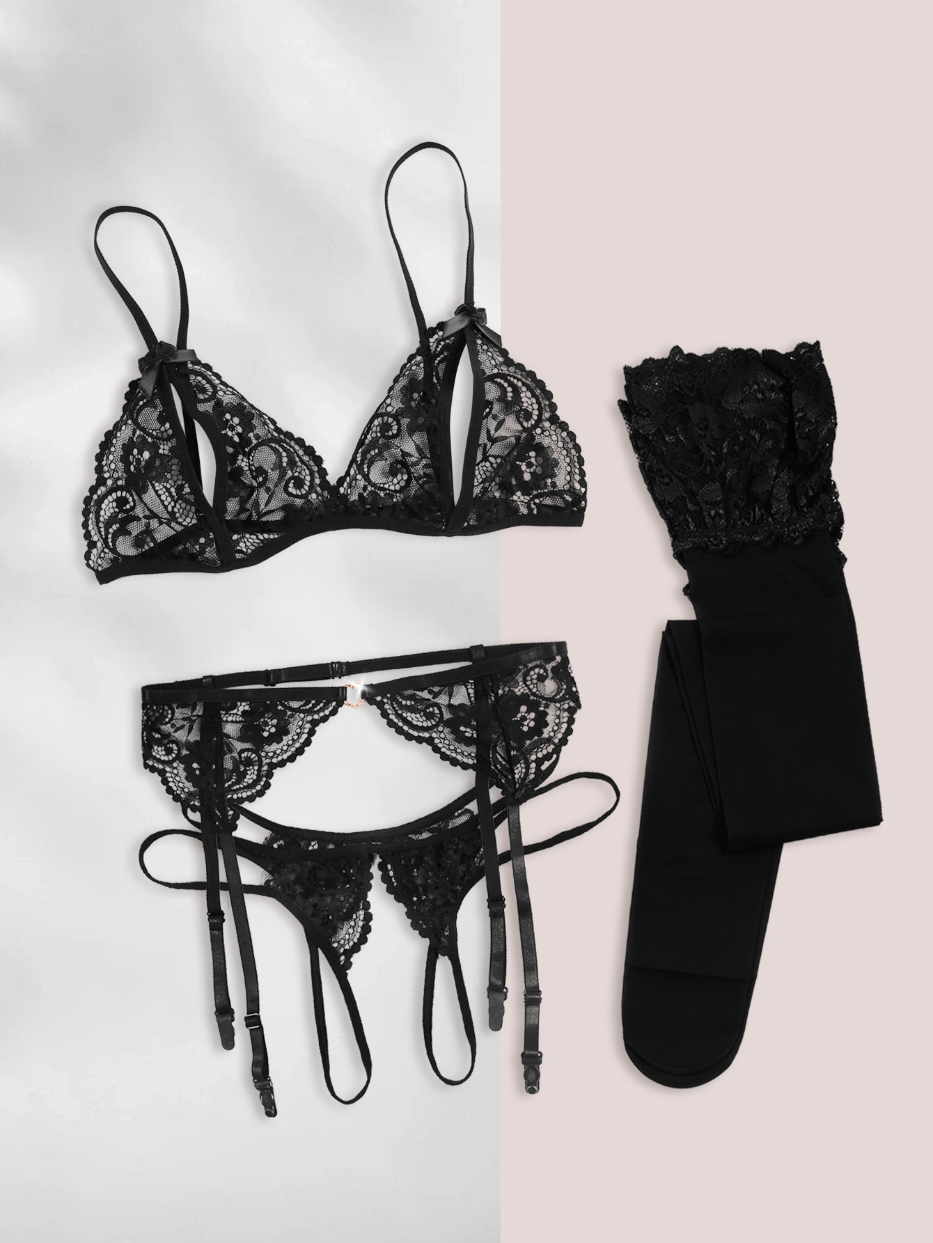 Women S Black Sexy Lace Cutout 4 Piece Set Sexy Open Lingerie Heart