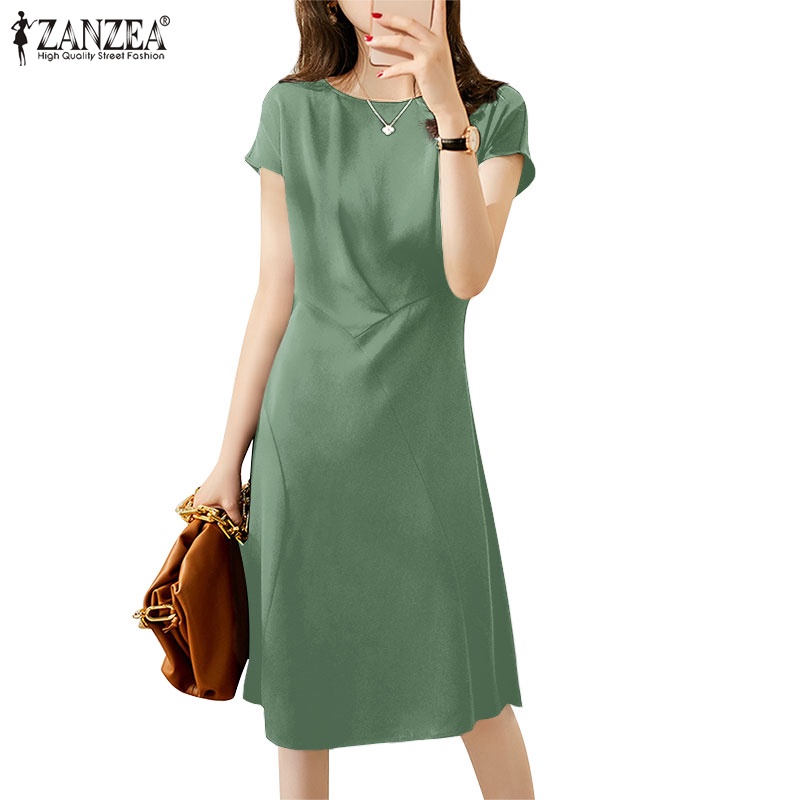 Zanzea Women Korean Elegant Daily Solid Short Sleeve Side Zipper Midi