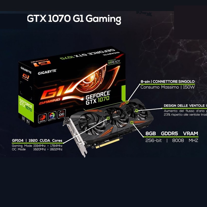 UsedGeForce GTX 1070 G1 Gaming 8G Rev 2 0 Gigabyte RGB SPECTRUM