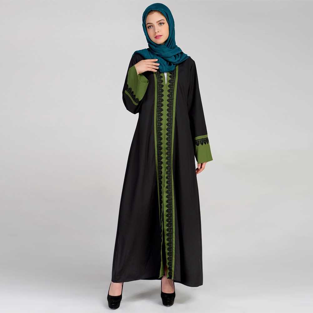 New Women Muslim Maxi Dress Contrast Color Lace Pitches Long Sleeve