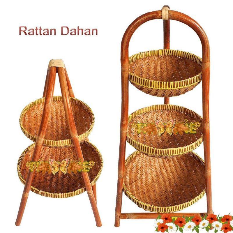 Rak Rotan Serbaguna Bakul Bawang Rotan Layer Storage Round Rack Rack