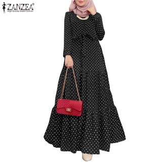 Zanzea Women Fashion Full Sleeve O Neck Belt Polka Dot Printed Reto