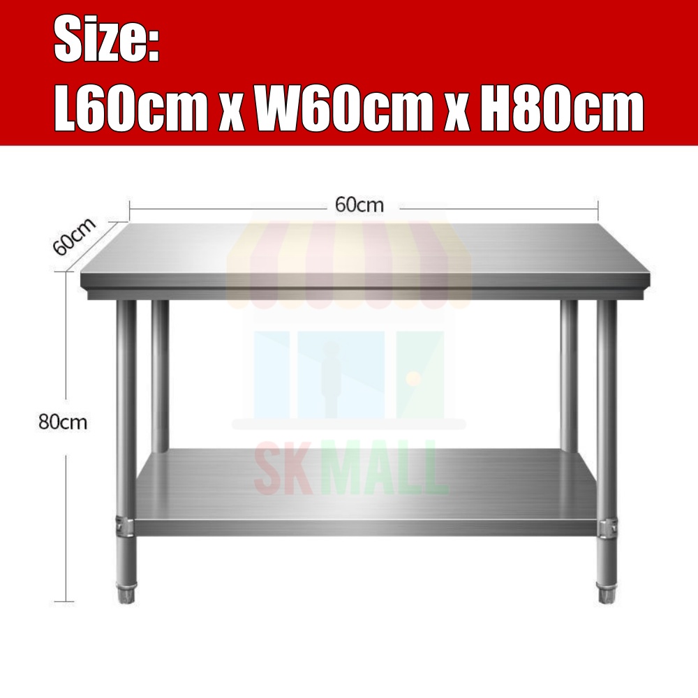 2 Tier Heavy Duty Stainless Steel Kitchen Cooking Working Table Meja