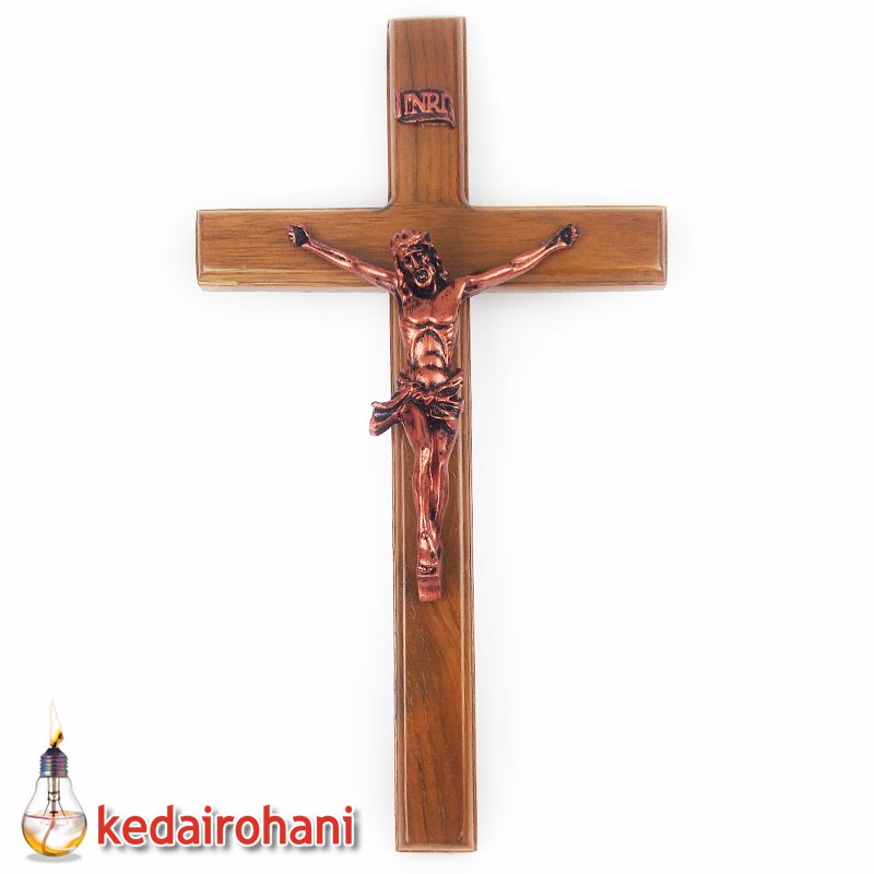 Kayu Teak Wood Wall Cross Hanging Corpus Jesus Inri Statue Fiberglass