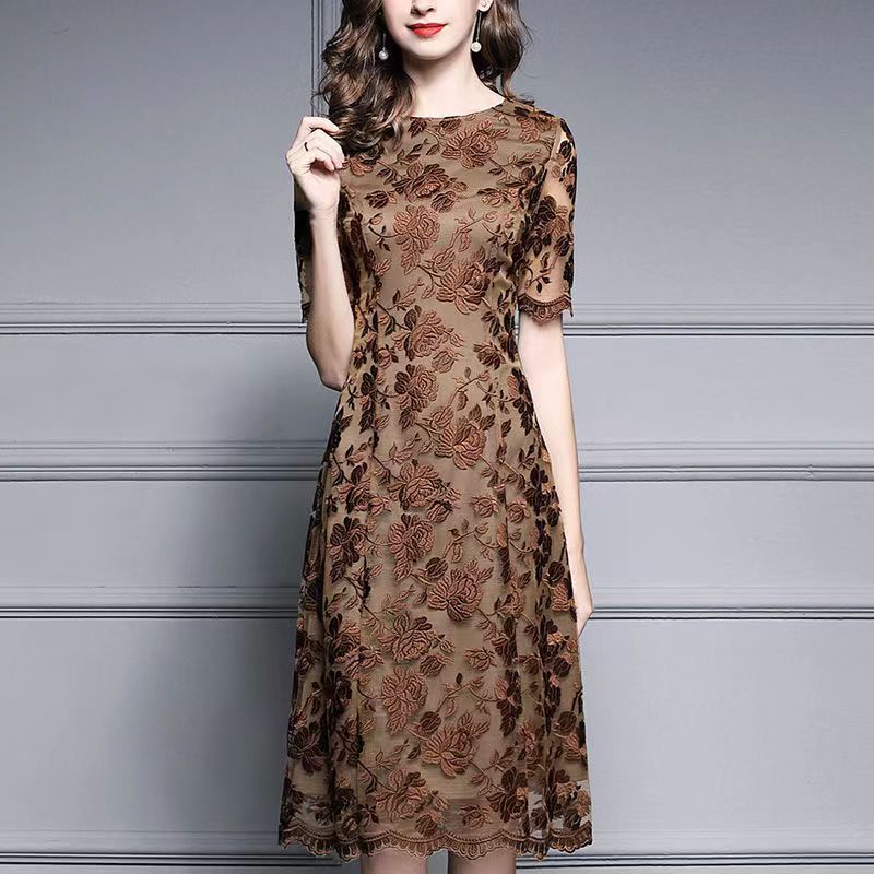 Embroidery Floral Lace Dress Summer Short Sleeve High Waist Plus Size