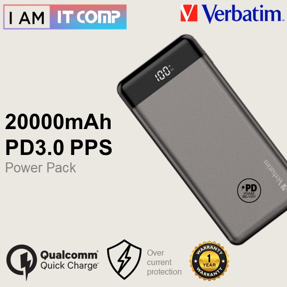 Verbatim 20000mAh 66W PD QC 3 0 Fast Charge Type C Power Bank Li